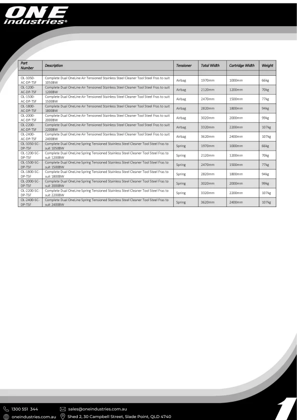 OneLine Secondary Belt Scrapper Tensioner Catalogue Page 2.